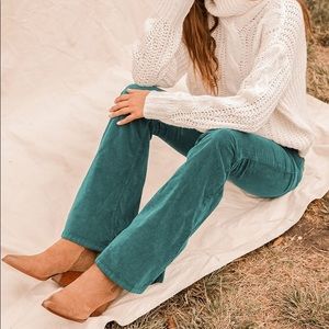 Green Corduroy Flared Pants - Pull on and stretchy
